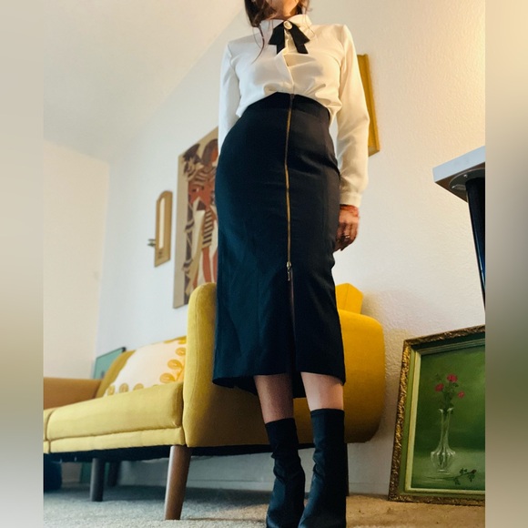 Vintage Midi Black High Waist Skirt Front Zipper Pure Wool Sz 6 - Picture 6 of 12